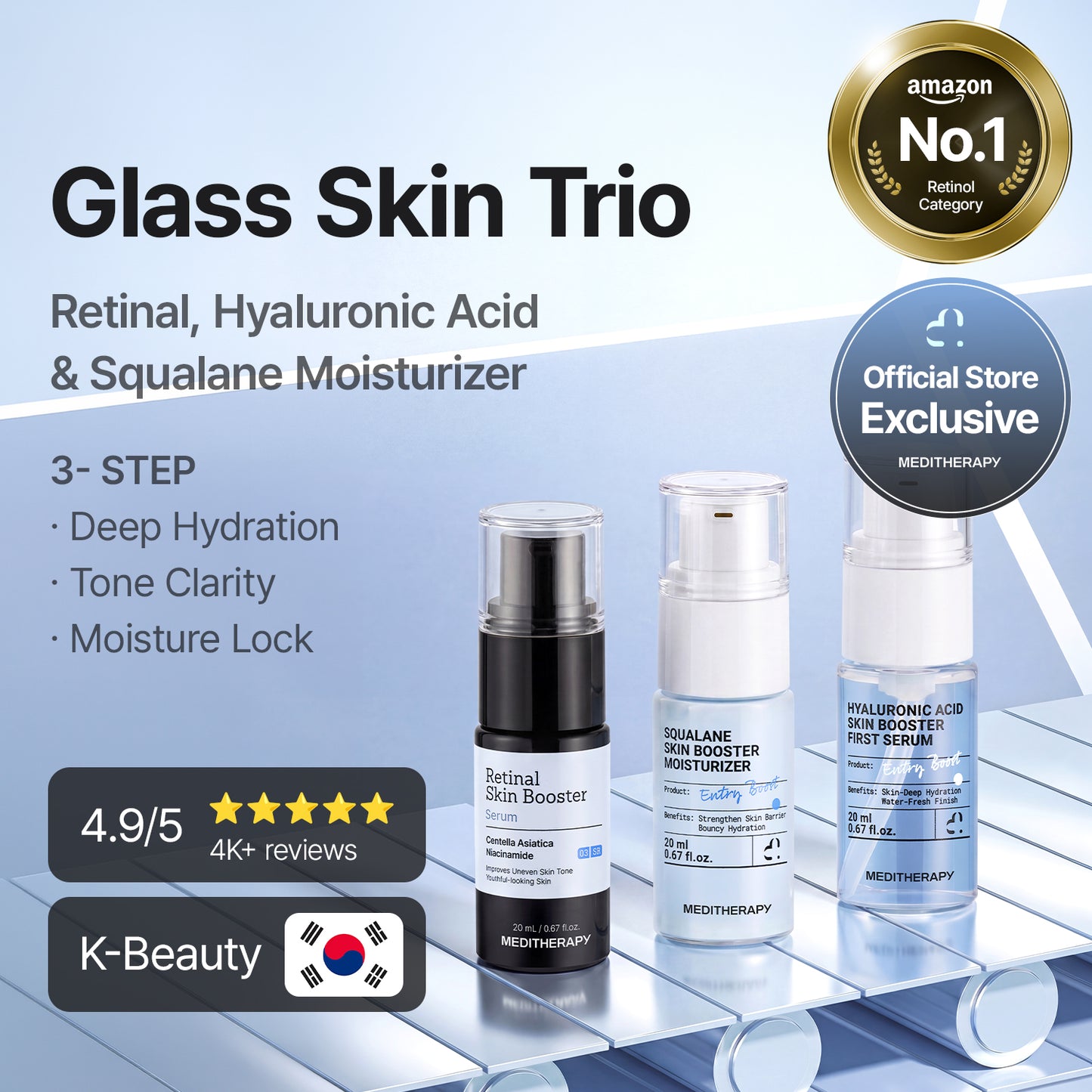 3-Step Korean Glass Skin Trio — Retinal, Hyaluronic Acid & Squalane Moisturizer